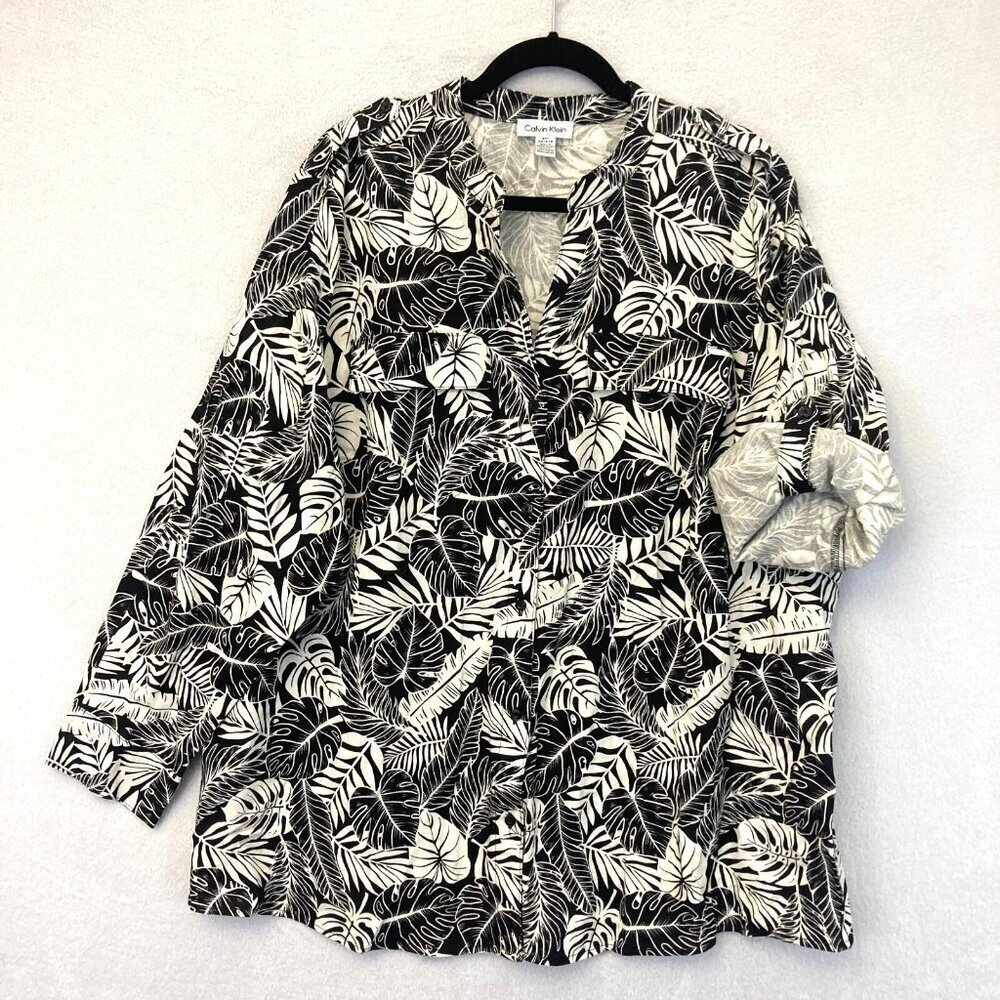 Calvin Klein Roll Tab Linen Blend Button Up Shirt Women's Size 2X Black Tropical